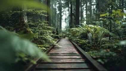 Obraz premium Wooden boardwalk path through lush, green, misty forest