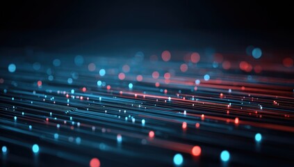 Abstract digital network.  Red and cyan lines and points on dark background