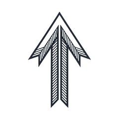 Stylized geometric arrow pointing upwards, isolated on white background