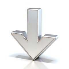 A shiny silver downward pointing arrow isolated on white background