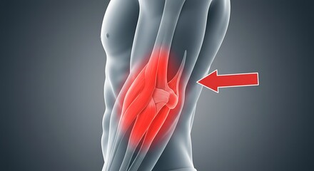 Arm Anatomy with Red Pain Point and Arrow on Gray Background