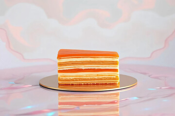 Traditional Indonesian layer cake elegantly placed on a reflective holographic surface with abstract geometric patterns.