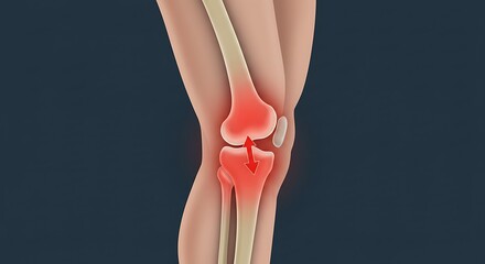 Inflamed Knee Joint with Red Arrow Indicating Pain on Dark Background