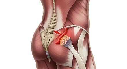 Human Anatomy Muscles Showing Hip Joint Discomfort with Arrow