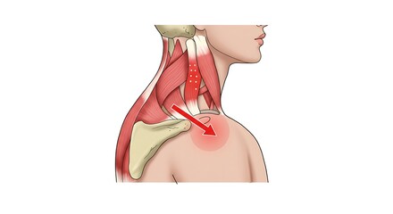 Anatomical Illustration of Shoulder Pain with Red Arrow Indicator