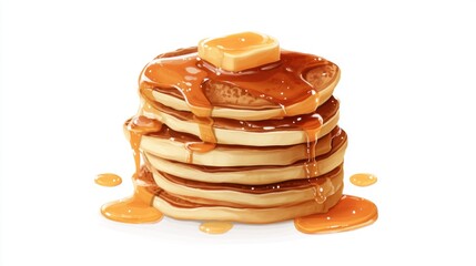 Stack of pancakes drizzled with syrup and butter