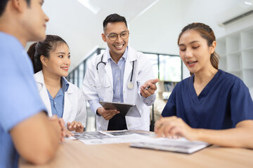 Medical team brainstorming having a meeting in conference room at hospital, Medical technology and...