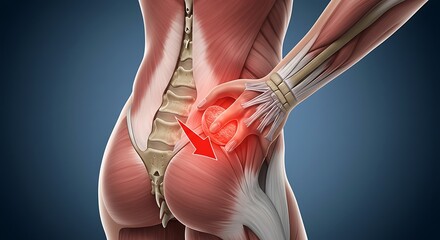 Anatomical Model Displaying Sciatica Pain with Red Arrow