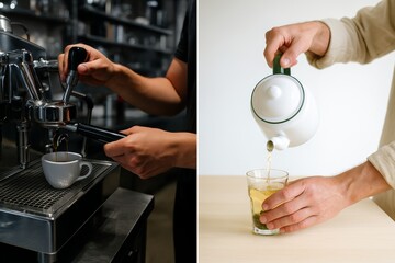 Coffee vs Tea Preparation in Split Image