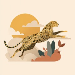 A cheetah leaping in a stylized landscape