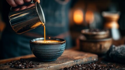 Artisan Coffee Being Poured in Rustic Setting