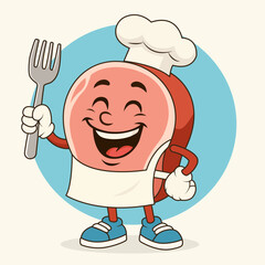 Cartoon vector illustration of a happy ham character wearing a chef hat and holding a fork.