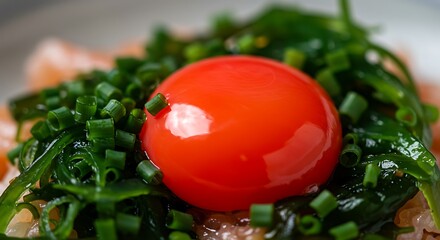 Vibrant Egg Yolk with Green Seaweed and Chives Close Up