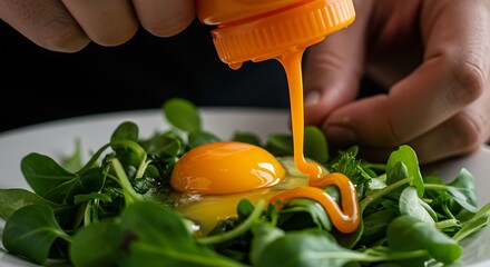 Bright Yellow Egg Yolk Being Poured Over Green Salad by Hand