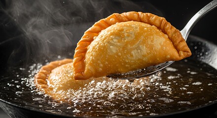 Golden Fried Empanada Being Lifted with Silver Spoon, Hot Oil Bubbling
