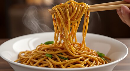 Steaming Golden Noodles Being Lifted by Chopsticks in Bowl