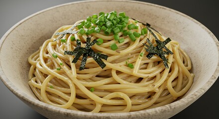 Creamy Pasta with Green Onions and Seaweed in Rustic Bowl