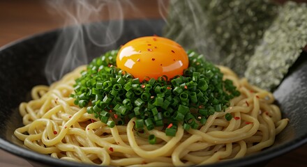 Noodle Dish with Bright Yellow Egg Yolk and Green Scallions in Dark Bowl