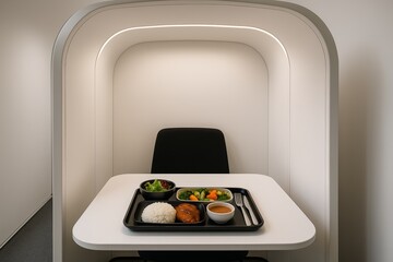Modern solo dining booth with meal tray