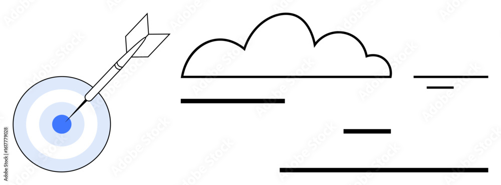 Poster dart accurately hitting a target, cloud symbolizing abstract ideas, and lines denoting speed and mov