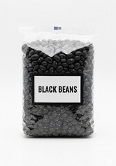 A clear plastic bag filled with black beans. The bag has a white label that reads 'BLACK BEANS'. The beans are small, round, and shiny.
