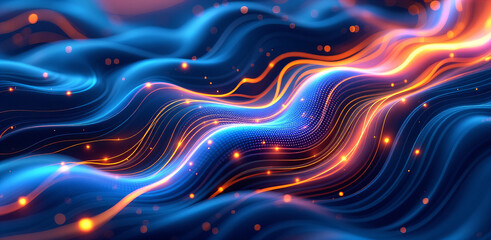 Abstract visualization of renewable energy storage with flowing lines and glowing particles representing energy transfer and digital data