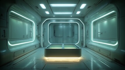Futuristic sci-fi room with glowing bed pod