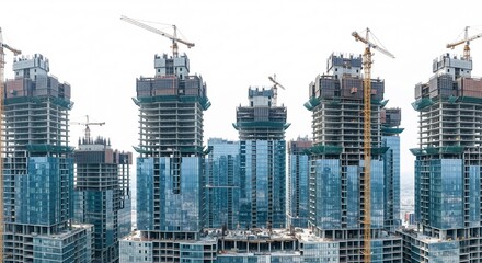 Construction site with multiple high-rise buildings under development. Cranes are visible, and the structures are partially completed with glass facades.