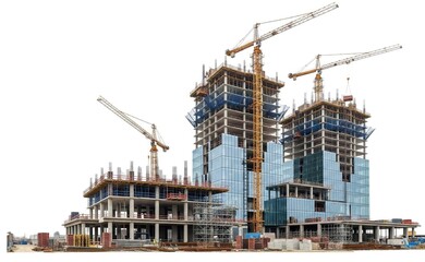 Construction site with three tall buildings under development. Cranes and scaffolding are visible. The scene represents urban development and architecture.
