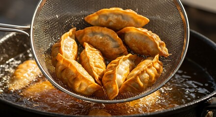 Golden Fried Dumplings in Strainer Over Bubbling Oil