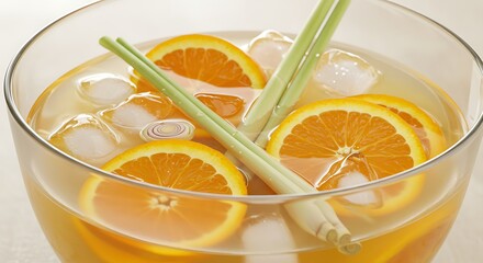 Refreshing Orange Slice Drink with Ice Cubes and Lemongrass