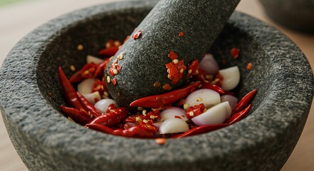Rustic Gray Mortar with Vibrant Red Chilies and Onions