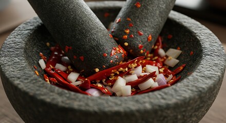 Rustic Stone Mortar with Red Peppers and Onions