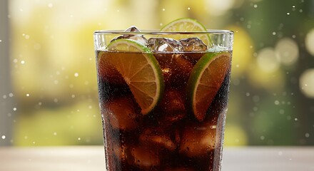 Refreshing Brown Drink with Lime Slices and Ice on Blurred Sunny Backdrop