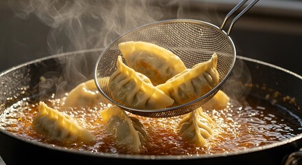 Fried Dumplings Cooking in Hot Oil Being Lifted with Skimmer