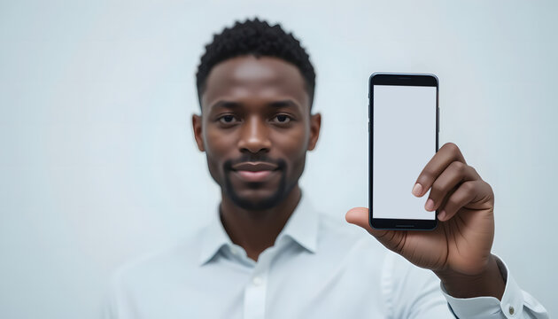 A confident African-American businessman displays a glowing upward graph on his smartphone, symbolizing positive growth and successful data analysis.