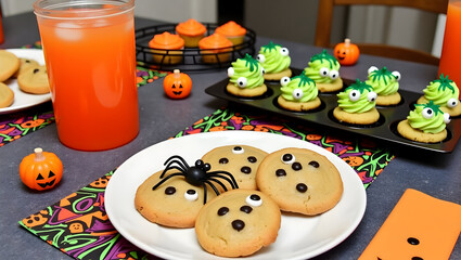 Halloween Halloween party table with orange punch, monster-shaped cookies, and spider cupcakes, colorful napkins (1)