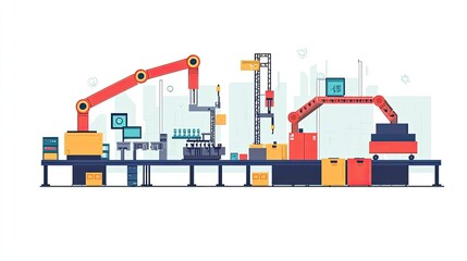 A production line with robotic arms and conveyor belts in a factory setting with boxes and equipment