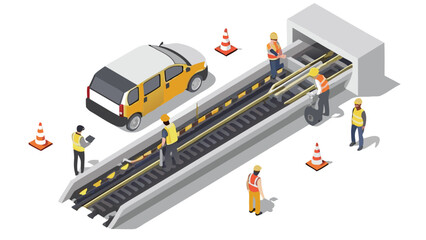 Isometric view of construction workers repairing train tracks with a yellow car nearby and cones placed