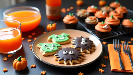 Halloween Halloween party table with orange punch, monster-shaped cookies, and spider cupcakes, colorful napkins (3)