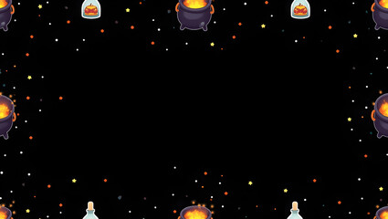 Halloween Halloween pattern with cartoon cauldrons, potion bottles, and stars, sprinkled over a solid black background for dramatic seasonal(4)