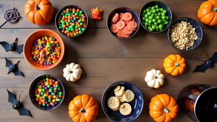 Halloween Halloween table spread with bowls of colorful candy, spider-shaped cookies, and a punch bowl, all on a wooden surface decorated (2)