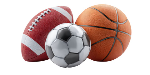 Three sports balls football, soccer, and basketball