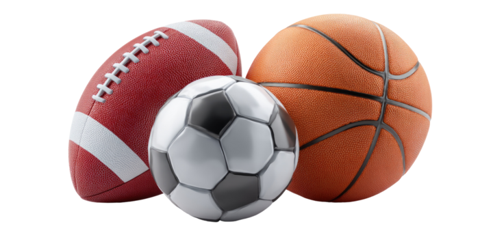 Three sports balls football, soccer, and basketball