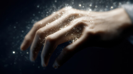 Fototapeta premium Hand close up with glowing particles floating around, creating magical and mysterious atmosphere in dark background