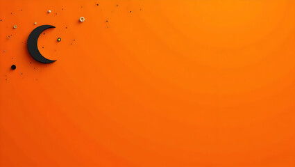 Halloween Minimal Halloween background with a single thin black crescent moon and small gold dots on matte orange (1)