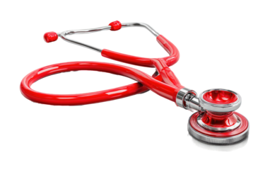A red medical stethoscope, isolated on black.  The stethoscope has rounded, shiny red earpieces and tubing, with a round, red diaphragm. 