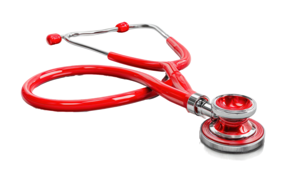 A red medical stethoscope, isolated on black.  The stethoscope has rounded, shiny red earpieces and tubing, with a round, red diaphragm. 