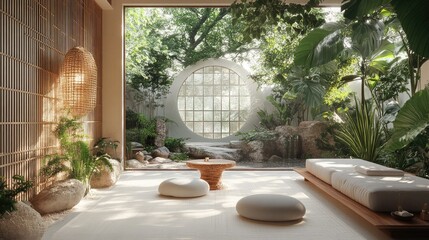 Obraz premium Interior zen space with garden view featuring a round window and natural light and minimalist design