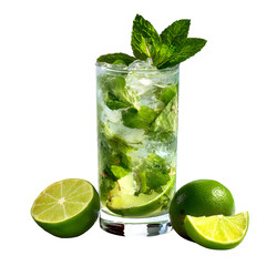 Fototapeta premium Mojito cocktail with mint and lime, transparent PNG, high-resolution glass cutout --ar 1:1 --q 2 --raw